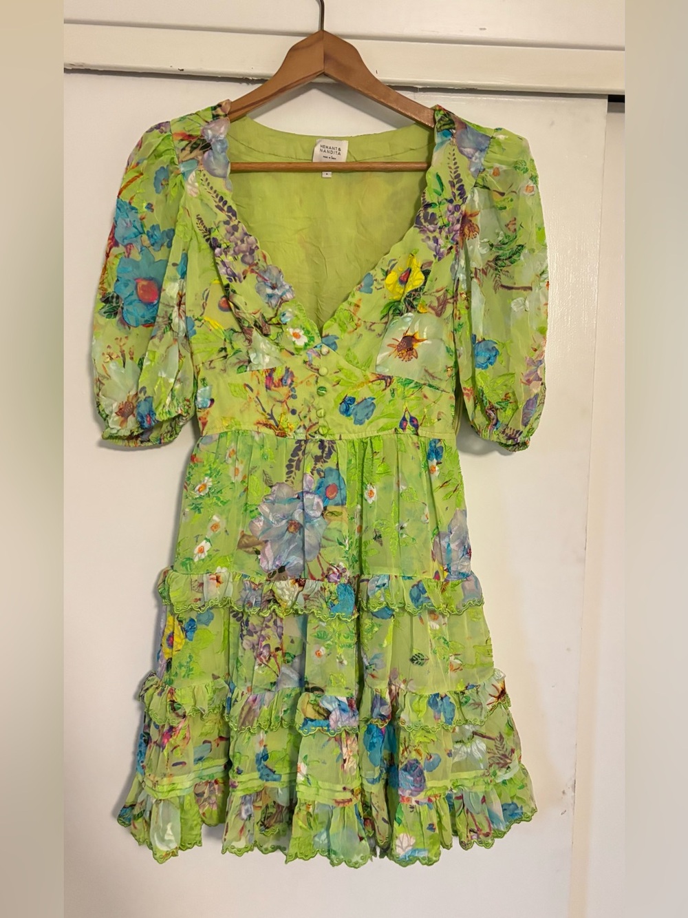 Hemant & Nandito Dress Size S in Green with Blue Florals